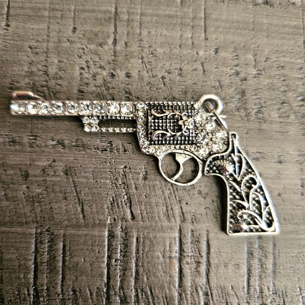 Rhinestone and pewter Pistol pendant